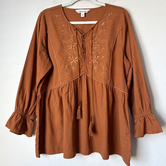 Tantrums Tops - Tantrums Linen Blend Floral Embroidered Prairie Boho Blouse Top